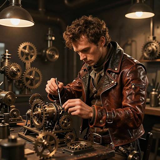 Steampunk Engineer in Busy Workshop