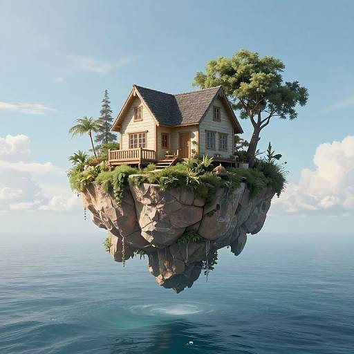 Photorealistic digital artwork of a quaint, wooden house with a steep roof, floating on a rocky island above calm ocean. Lush greenery and