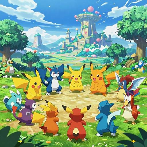 Colorful digital illustration of diverse Pokémon, including Pikachu, Raichu, and Squirtle, gathering in a vibrant, lush meadow with a