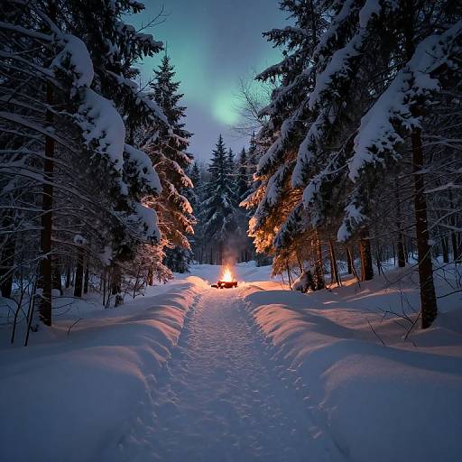 Photograph of a snow-covered forest path at twilight, with a glowing campfire in the center, surrounded by snow-laden trees.