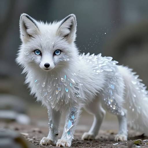 Digital art of a white, blue-eyed, ethereal fox with icy, crystalline fur standing on a forest floor, surrounded by a blurred, dark
