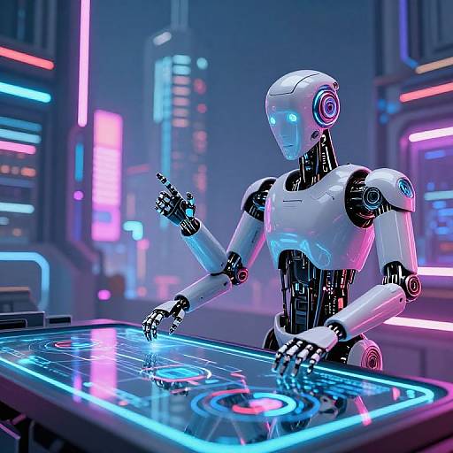Digital illustration of a futuristic white robot DJ with glowing neon lights, mixing on a neon-lit DJ console in a cyberpunk cityscape.