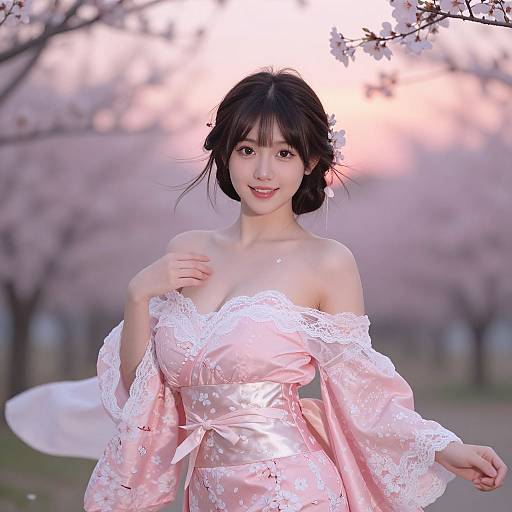 Asian woman with fair skin in a pink, lace-trimmed kimono, standing among cherry blossoms at sunset. Photograph.