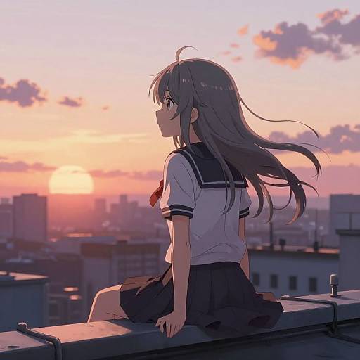 Anime-style digital drawing of a girl with long brown hair, sitting on a rooftop at sunset, wearing a sailor school uniform, overlooking a cityscape with