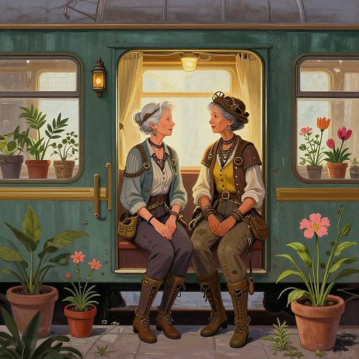 Digital illustration of two elderly women in steampunk attire, sitting on a vintage green train with potted plants, smiling at each other. Warm light