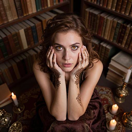 Photograph of a young woman with brown hair, golden eyes, and intricate henna designs on her hands, kneeling in a dimly lit library with