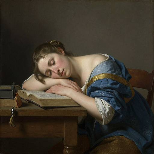 Baroque-style painting of a weary woman with pale skin and dark hair, sleeping over an open book on a wooden table. She wears a blue dress