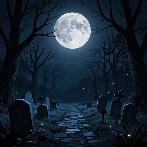 Digital artwork of a dark, eerie cemetery at night under a bright full moon, with leafless trees, gravestones, and glowing fireflies.