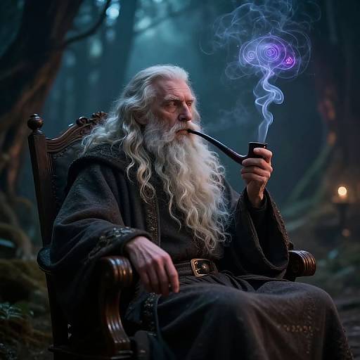 Photograph of an elderly wizard with a long white beard, sitting on a wooden throne, smoking a pipe with swirling blue-purple smoke in a dark,