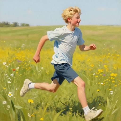 Blonde boy running joyfully in a sunlit field of yellow and white wildflowers, wearing a white t-shirt, navy shorts, and white sneakers
