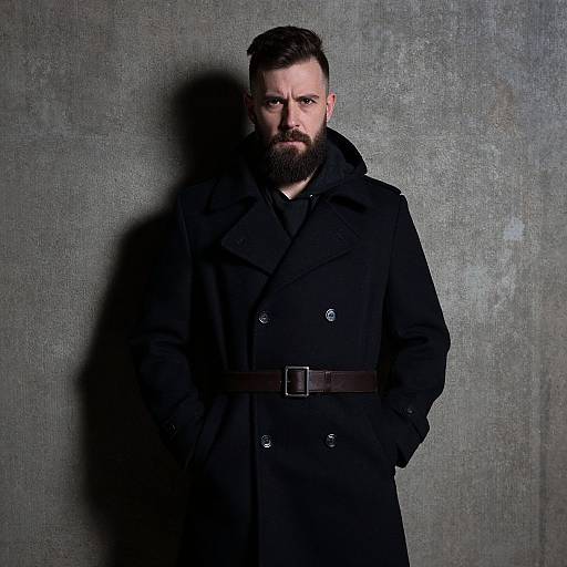 Photograph of a serious, bearded man with short dark hair, wearing a black double-breasted coat with a brown belt, standing against a textured