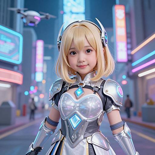 CGI image of a smiling Asian girl in futuristic silver armor with blue diamond accents, standing in a neon-lit cyberpunk city street.