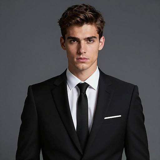 Young Man in Black Suit with Serious Expression