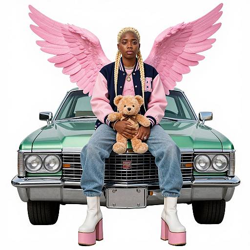 Photograph of a Black man with pink angel wings, blonde braids, wearing a pink and navy varsity jacket, blue jeans, and pink platform