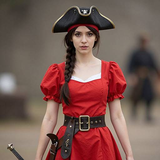 Photograph of a young woman in a red pirate dress with puffed sleeves, black tricorn hat, and long braid, holding a sword,