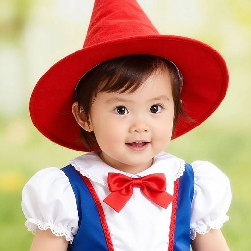 Photograph of an Asian baby with fair skin, black hair, wearing a red hat, blue dress with red trim, white lace shirt, and red