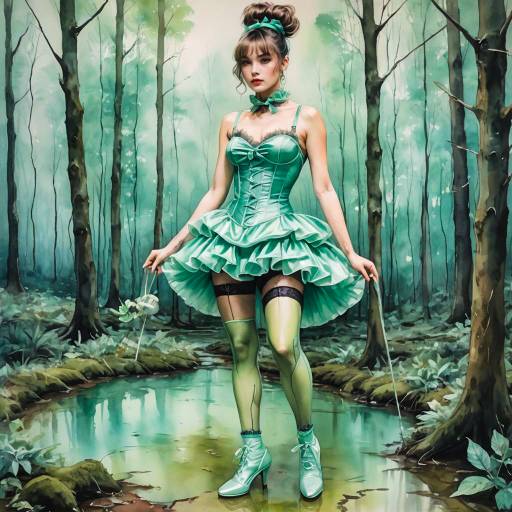 Woman in Seafoam Green Bunny Outfit in Magical Forest