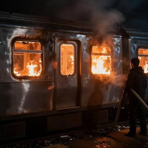 Burning Subway Train at Night Scene