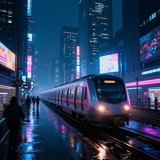 Neon-lit urban night scene: Modern subway train with glowing pink and blue lights, reflecting on wet pavement, surrounded by towering illuminated skyscrapers