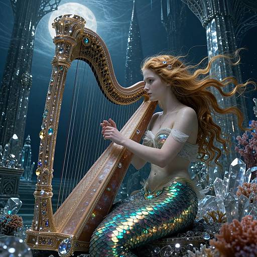 Photorealistic digital art: Mermaid with long red hair, iridescent scales, playing an ornate, gem-encrusted harp