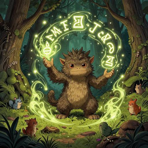 Digital illustration of a fluffy, brown, magical creature with glowing green rings and Chinese characters, surrounded by woodland creatures in a lush forest.