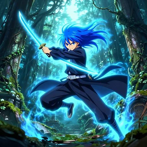 Digital anime-style artwork of a blue-haired warrior with glowing blue sword, black clothes, and intense expression, fighting in a mystical forest.