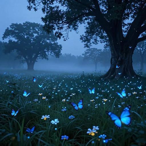 Moonlit forest scene with glowing blue butterflies, white and yellow flowers, and misty trees; ethereal, magical atmosphere. Digital artwork.