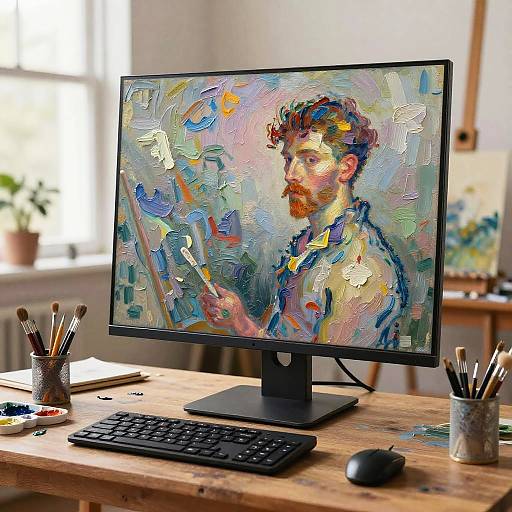 Photograph of a computer displaying a vibrant, impressionist-style digital painting of a bearded man with colorful, textured brushstrokes on a wooden desk
