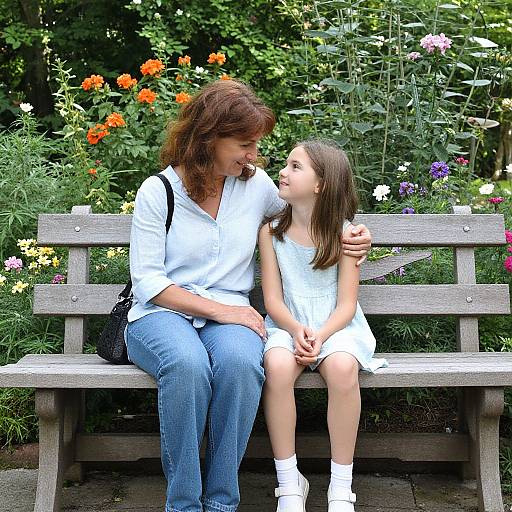 Photograph of a woman with brown hair in a white blouse and jeans, and a young girl in a white dress, sitting on a wooden bench in