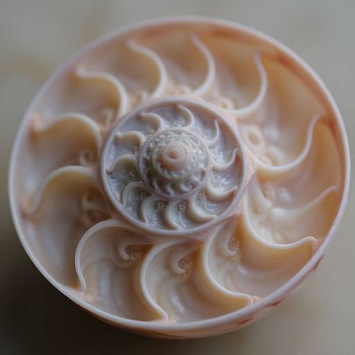 Photograph of a pinkish, swirling, spiral-patterned seashell with a central, textured, dome-like structure, set against a soft,