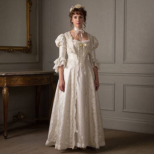 Photograph of a Victorian-style woman in a white, lace-trimmed gown with puffed sleeves, standing in a gray-paneled room with an