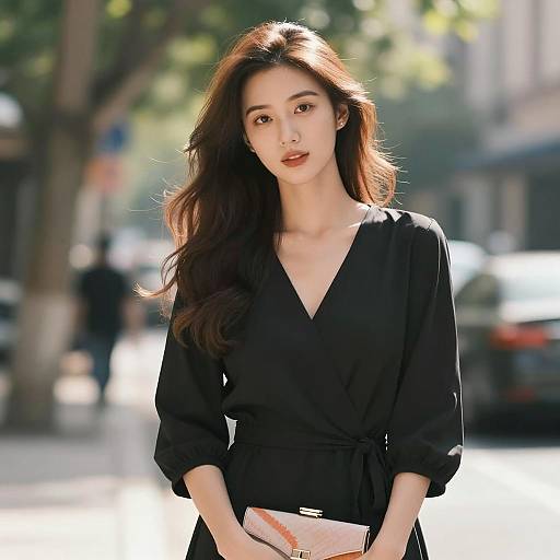 Elegant Woman in Black Dress Outdoors