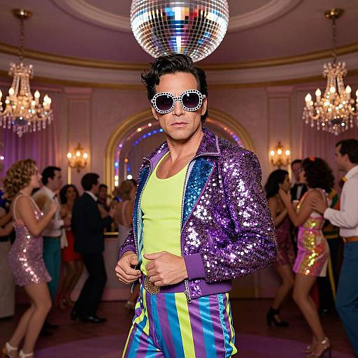 Photograph of a man in a neon yellow shirt, purple sequin jacket, striped pants, and heart-patterned sunglasses, dancing in a glamorous,