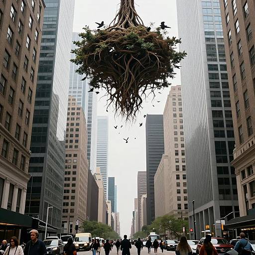 Photograph of a suspended, tree-like sculpture with roots and greenery, hanging between tall skyscrapers in a bustling city street.