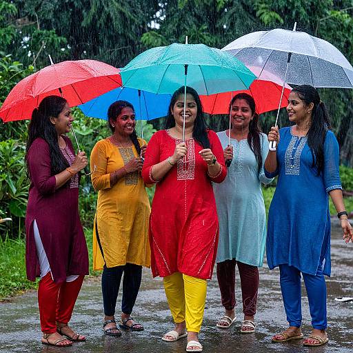 Five Indian women in colorful salwar kameez hold umbrellas in red, blue, white, yellow, and light blue, smiling in the rain