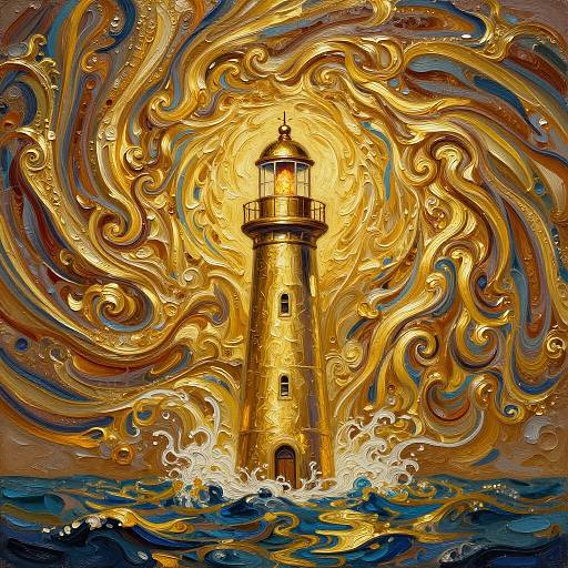 Vibrant digital painting of a golden lighthouse amidst swirling, fiery waves with dynamic, swirling patterns in rich gold, blue, and brown hues.