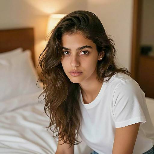 Young Woman Sitting on Bed