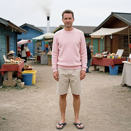Man in Pastel Pullover by Market