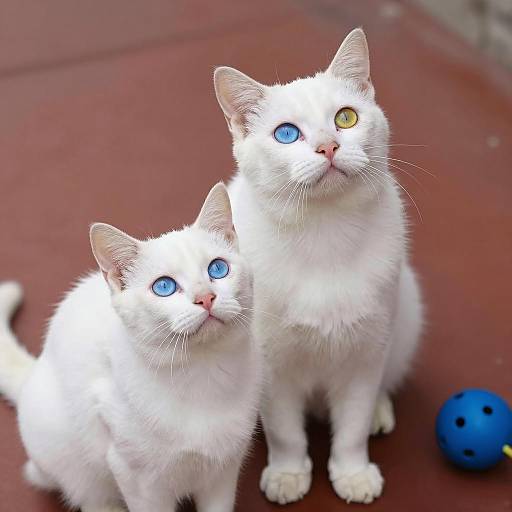 Two Uniquely Eyed Cats on Red Surface