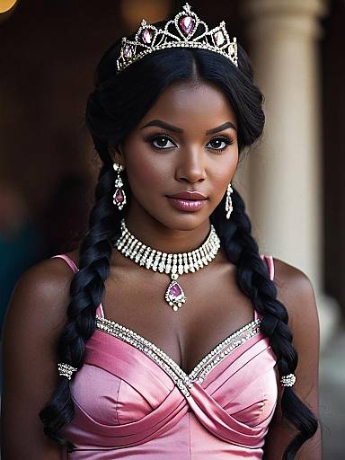 Elegant Dark-Skinned Woman in Pink Princess Dress