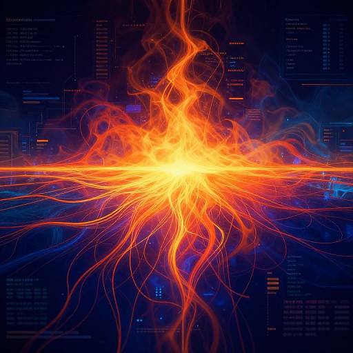 Bright, fiery orange and yellow energy explosion with intricate, glowing tendrils against a dark blue, tech-themed background filled with code lines. (Digital art