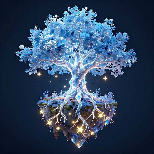 Digital artwork of a glowing, blue, ethereal tree with illuminated roots and twinkling stars, floating on a small, luminous island.