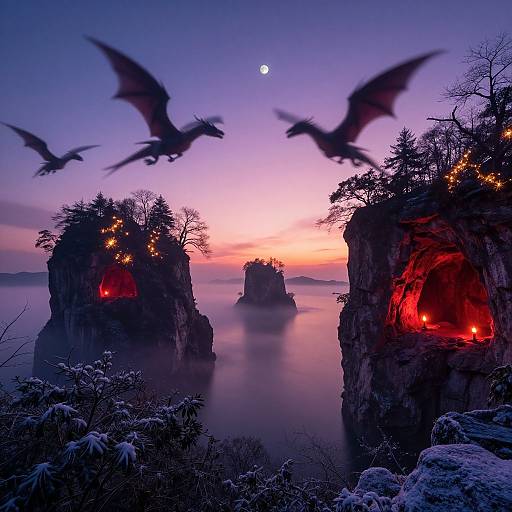 Photograph of a twilight seascape with two rocky cliffs glowing red, bats flying, and a full moon above a misty horizon.