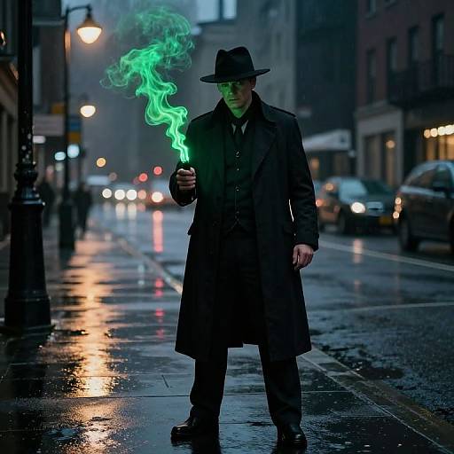 Photograph of a man in a black trench coat and hat, holding a smoking green cigarette on a wet, neon-lit urban street at night.