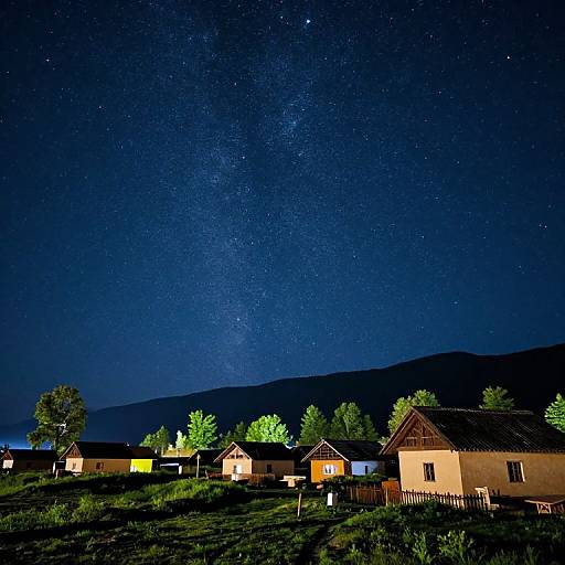Photograph of a nighttime village with brightly lit houses, surrounded by trees, under a starry, Milky Way-filled sky.