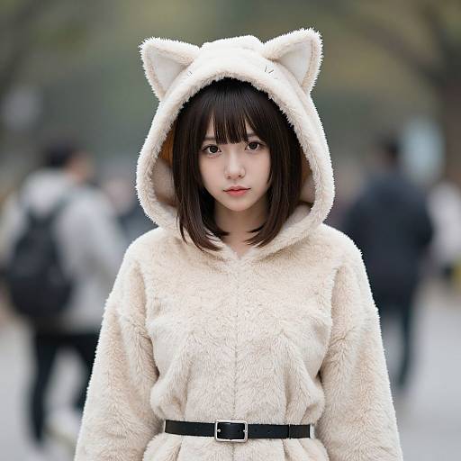 Photograph of an East Asian woman with straight black hair, wearing a fluffy white cat-eared hoodie, standing in a blurred outdoor urban setting.