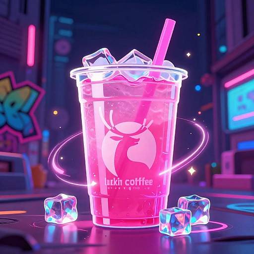 Neon-lit, glowing pink iced coffee cup with straw, ice cubes, and neon rings in a vibrant, cyberpunk cityscape. Digital