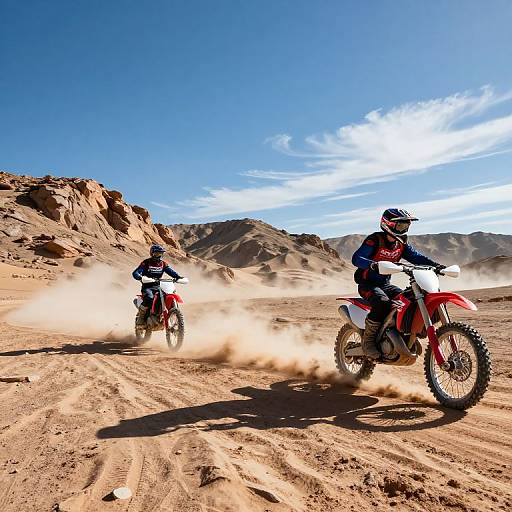 Photograph of two off-road motorcyclists in desert landscape, kicking up dust, wearing helmets and protective gear, against clear blue sky.