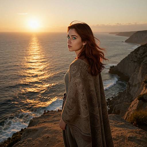 Photograph of a young woman with long, wavy brown hair, wearing a patterned brown cloak, standing on a rocky cliff at sunset, g
