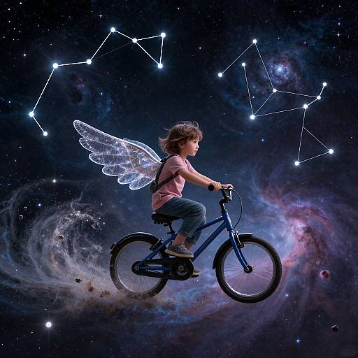 Child Pilots Winged Bicycle in Nebula
